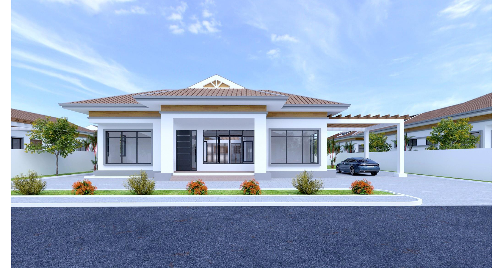 Sugar Pine detached bungalow design with carport and garden