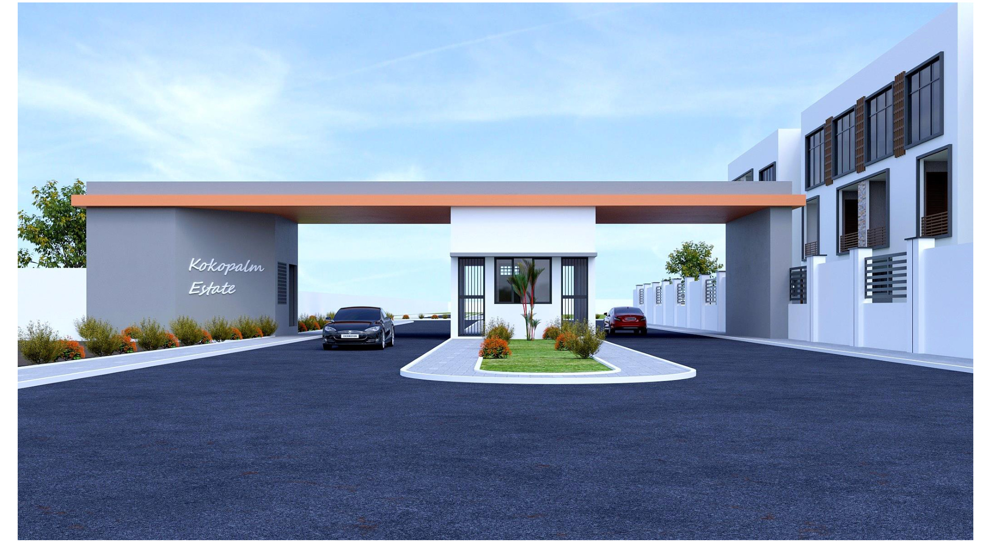Architectural rendering of KokoPalm Estate gated entrance and guard house