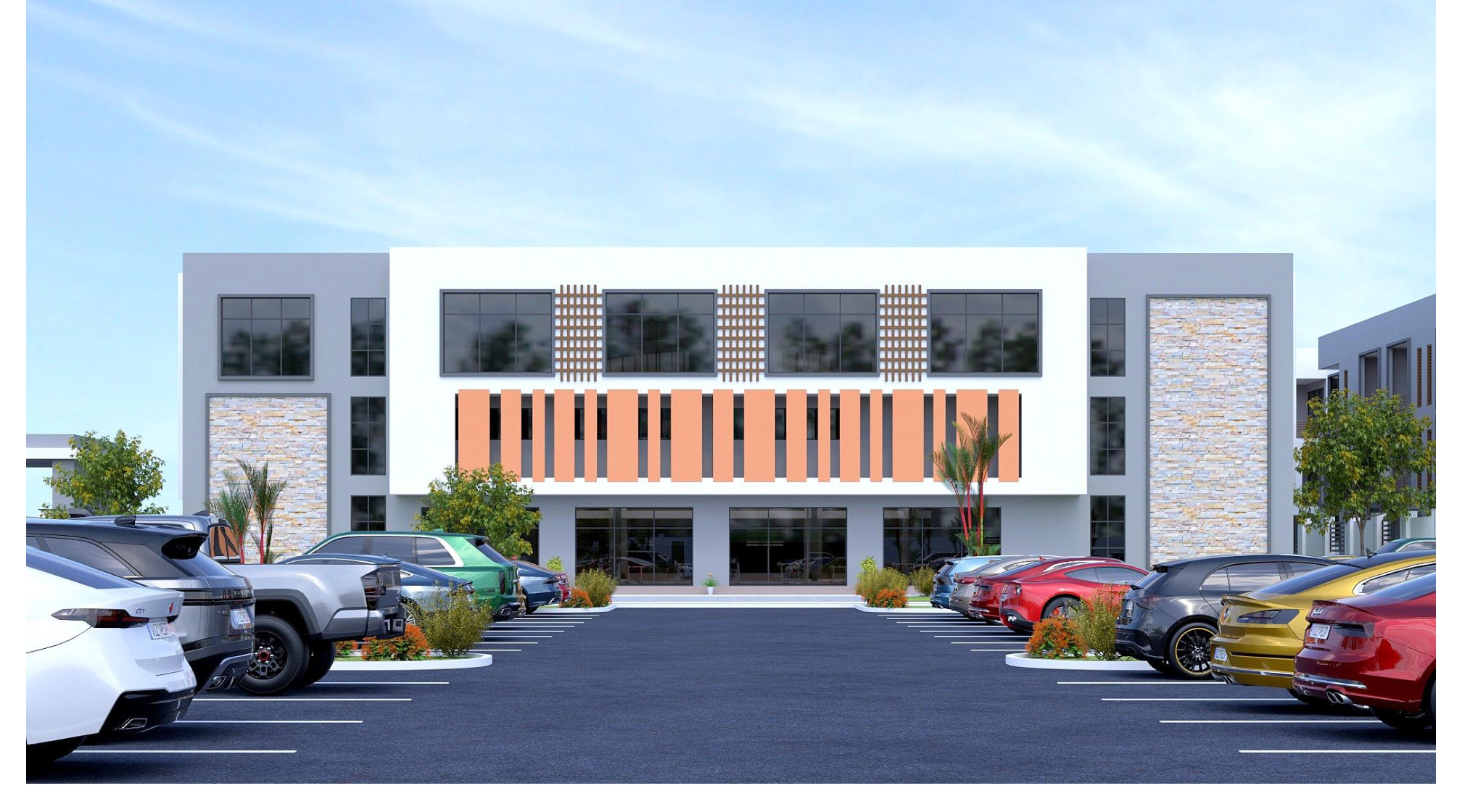 Front elevation rendering of KokoPalm Plaza shopping complex with parking